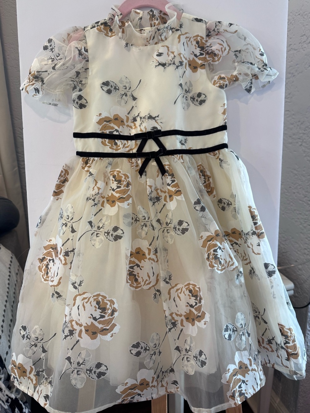 Janie and Jack Cream Floral Organza Dress with Black Trim